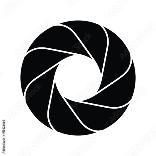 A stylized black and white image of a camera aperture diaphragm