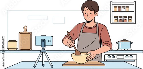 Young man in apron cooking online at home, making video content for his culinary blog, preparing food for internet