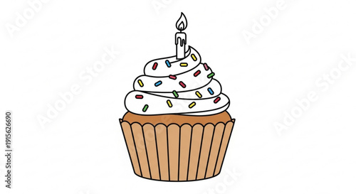 Birthday cupcake with lit candle and sprinkles simple vector illustration for celebration and party themes isolated on white
