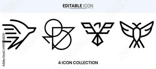 A collection of four distinct black line art icons depicting various bird like figures high quality