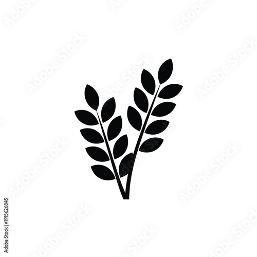 Simple black silhouette of a leafy branch with symmetrical foliage