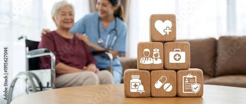 Caring nurse assists an elderly woman in a wheelchair, surrounded by essential healthcare service icons.
