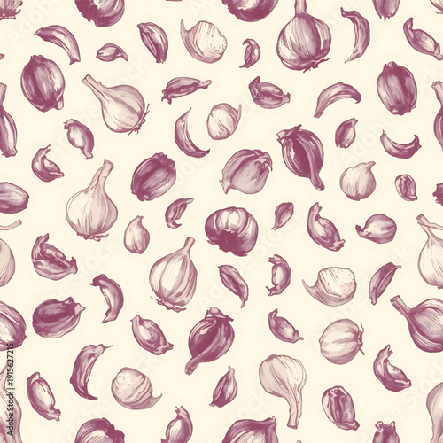 Illustration of garlic bulb and a single clove pastel background