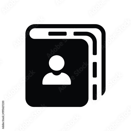 Black and white icon depicting a closed address book with a person