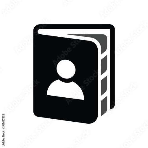 Black and white icon of a passport with a profile silhouette