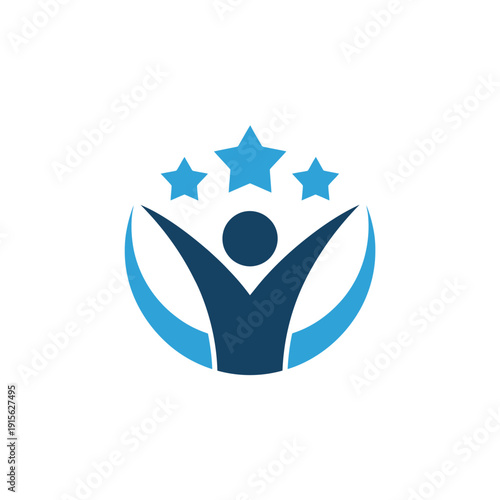 Abstract logo featuring a person with raised arms and three stars