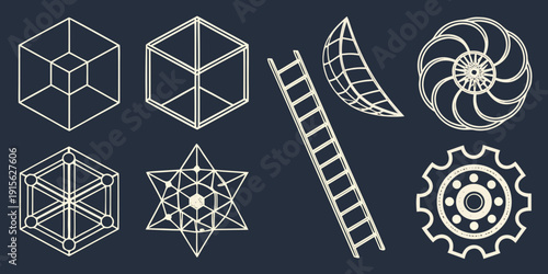 Geometric shapes and objects like cube ladder and gear