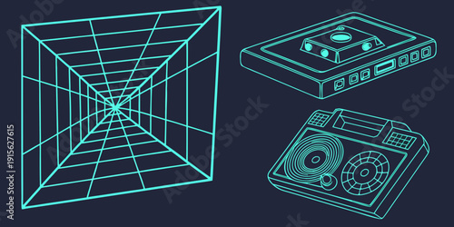 Retro 80s vaporwave design with cassette tape and boombox