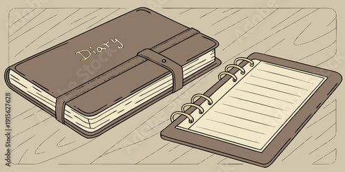 Diary and open notebook on wooden textured background