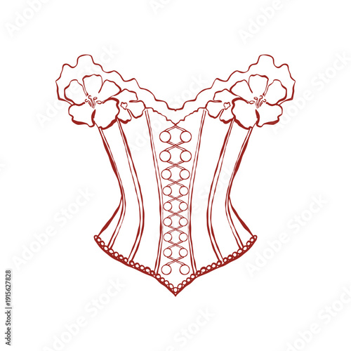 Vintage womens corset from the Baroque era. Rococo aesthetic. Hand-drawn line art depicting a corset with flowers in red color. Vector outline illustration.