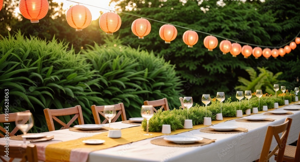 Obraz premium Outdoor Dinner Party Table Setup Under String Lanterns in Garden
