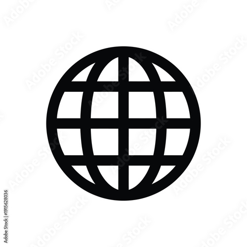 Simple black and white graphic of a globe with grid lines