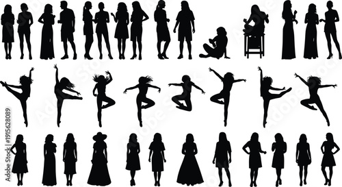 Collection of female silhouettes showing women standing walking dancing jumping sitting in wheelchair diverse poses isolated black vector illustration set for design projects use