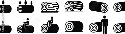 Wood log silhouettes collection forestry timber lumber icons tree trunk cutting industry black vector illustration set design elements