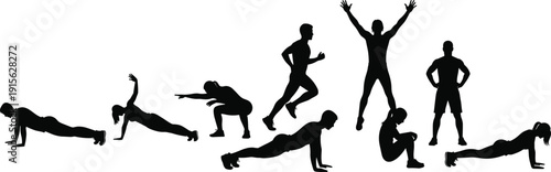 Fitness silhouette set showing men and women exercising doing push ups squats planks jumps and workout poses isolated black vector illustration
