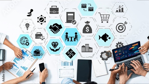 Tableau sur toile Business concept icons showing mergers and acquisitions, partnership, investment, and growth