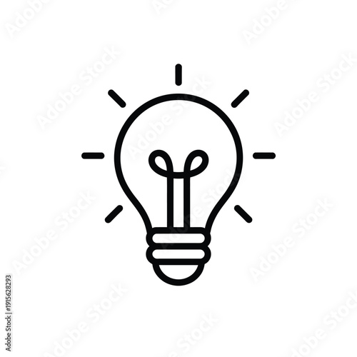 Simple black and white line drawing of a light bulb with rays