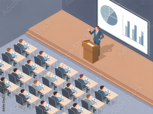 Businessman standing at podium addressing audience in conference room with computers  office presentation