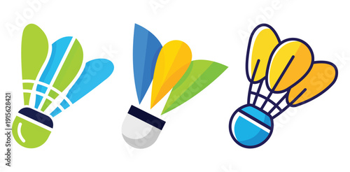 Three vibrant colorful cartoon badminton shuttlecock vector illustrations Modern sport game equipment design athletic