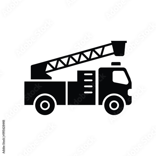 Simple black silhouette of a fire truck with an extended ladder