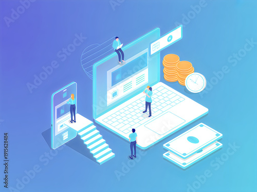 People working on large computer and mobile devices with money and clock nearby online