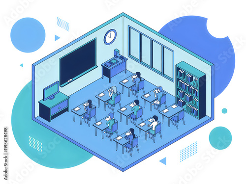 Isometric illustration of a classroom with students and teacher desks and bookshelves inside