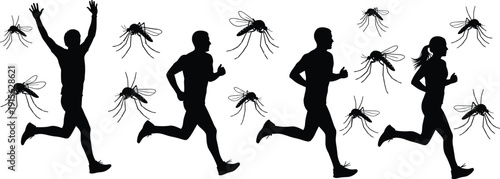 Running people silhouettes chased by mosquitoes illustrating insect attack fear health risk and disease prevention concept isolated black vector illustration for awareness campaigns