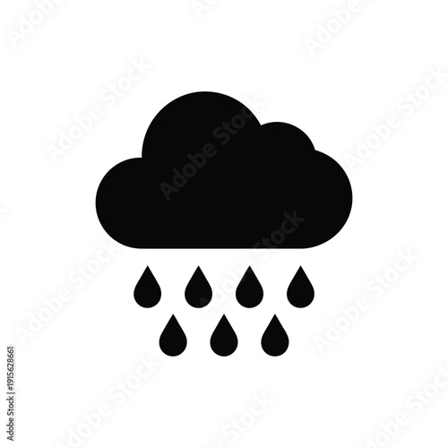 A simple black icon depicting a cloud with raindrops falling below