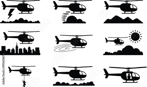 Helicopter Flying Icon Isolated Vector Modern Helicopter Silhouette Icon Vector Pack