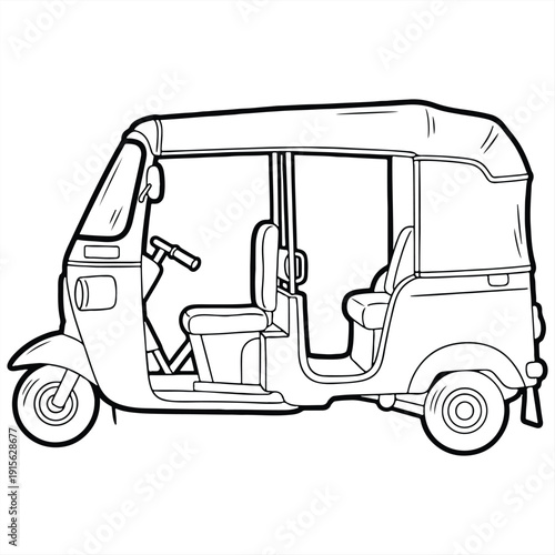 A black and white line drawing of a tuk-tuk with a covered roof and open sides