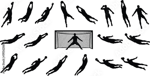 Goalkeeper silhouette set showing soccer football goalie diving catching and saving shots in multiple action poses isolated black vector illustration for sports design
