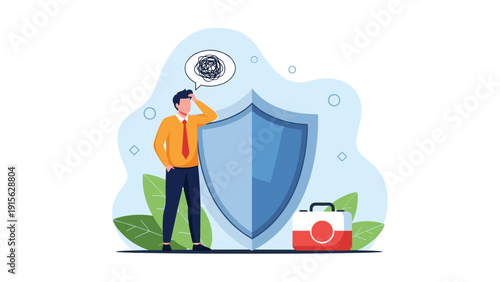 Thoughtful man contemplating security and protection, standing next to a large shield and a first-aid kit, symbolizing safety, health, and risk management.