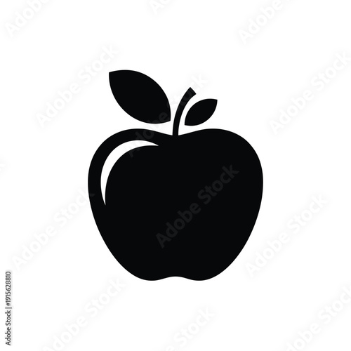 Simple black silhouette of an apple with a leaf and stem