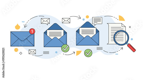 Visual representation of email management process, showing new mail, opening, reading, and document review, symbolizing efficient communication and information flow.