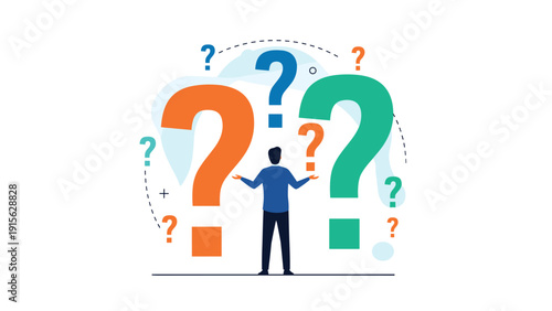 Pensive man standing amidst numerous question marks, symbolizing uncertainty, decision-making, problem-solving, and the search for answers in a complex situation.