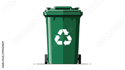 Essential green wheeled recycling bin prominently featuring the universal recycling symbol, symbolizing waste management, environmental responsibility, and sustainability efforts.
