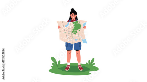 Adventurous woman standing outdoors, happily examining a large map, symbolizing travel planning, navigation, exploration, and discovery of new places.
