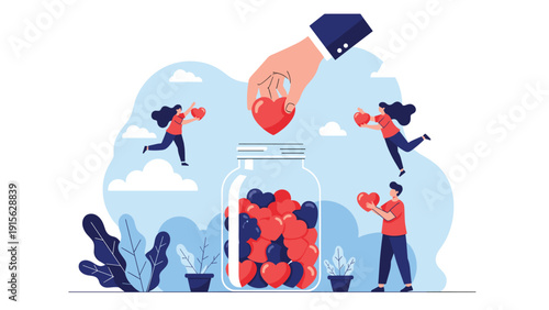 Heartwarming illustration of collective donation, with individuals and a large hand contributing hearts to a jar, symbolizing charity, community support, and generosity.