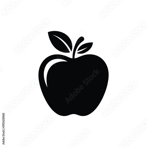 Simple black and white illustration of a rounded apple with a leaf