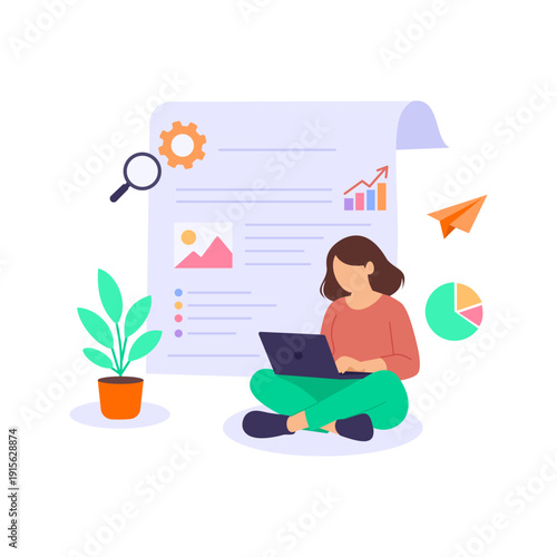 SEO Blog Posts, writing articles optimized for search visibility, Flat Vector Illustration