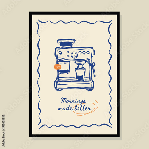 Coffee machine sketch style vector illustration in a poster frame. Art for print design, greeting card, postcards, branding, logo design.	