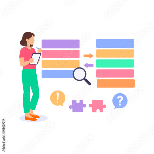 Content Gap Analysis, finding missing content opportunities, Flat Vector Illustration