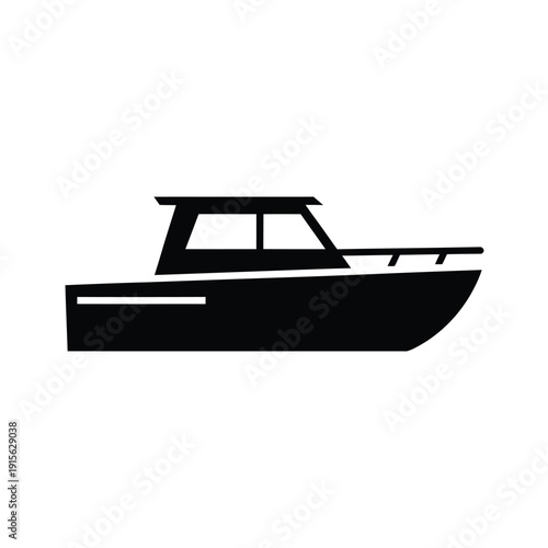Simple black silhouette of a small motorboat on a white background