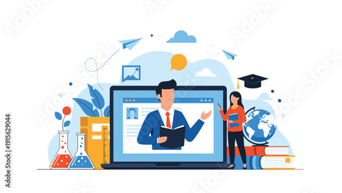 Man teaching from a laptop screen, with a woman holding a book and a globe, surrounded by academic elements, symbolizing online education.