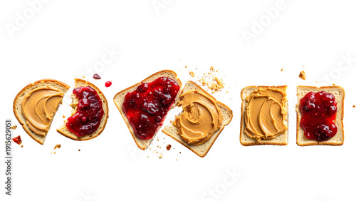 High-resolution top-down flat lay of a deconstructed peanut butter and jelly sandwich