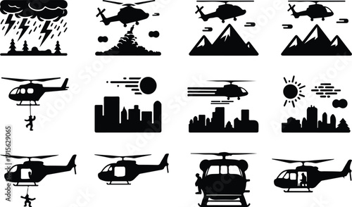 Helicopter Flying Icon Isolated Vector Modern Helicopter Silhouette Icon Vector Pack