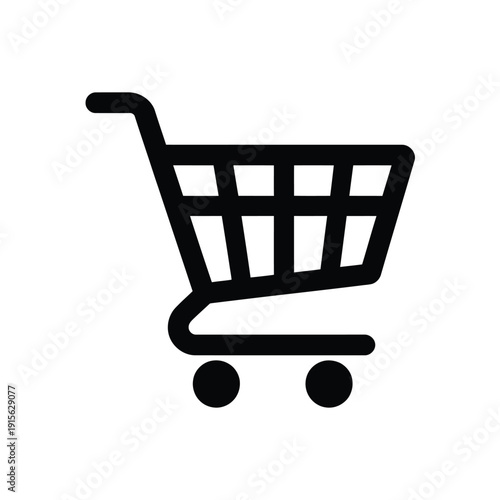 Simple black and white illustration of a shopping cart icon