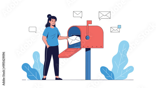 Woman putting an envelope into a traditional red mailbox, with flying letters, symbolizing sending mail, communication, or postal services.
