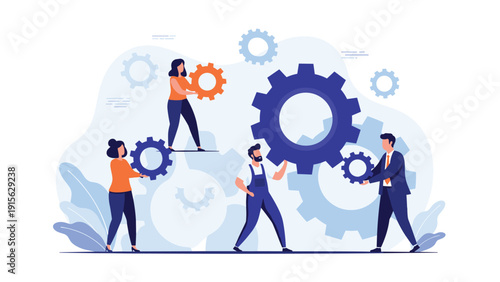 Team of diverse people collaboratively assembling large gears, symbolizing teamwork, problem-solving, and efficient business operations and synergy.