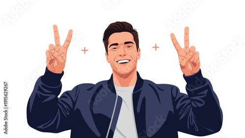Happy man smiling broadly and holding up both hands in a confident "peace" or "victory" sign, radiating positivity and joy.
